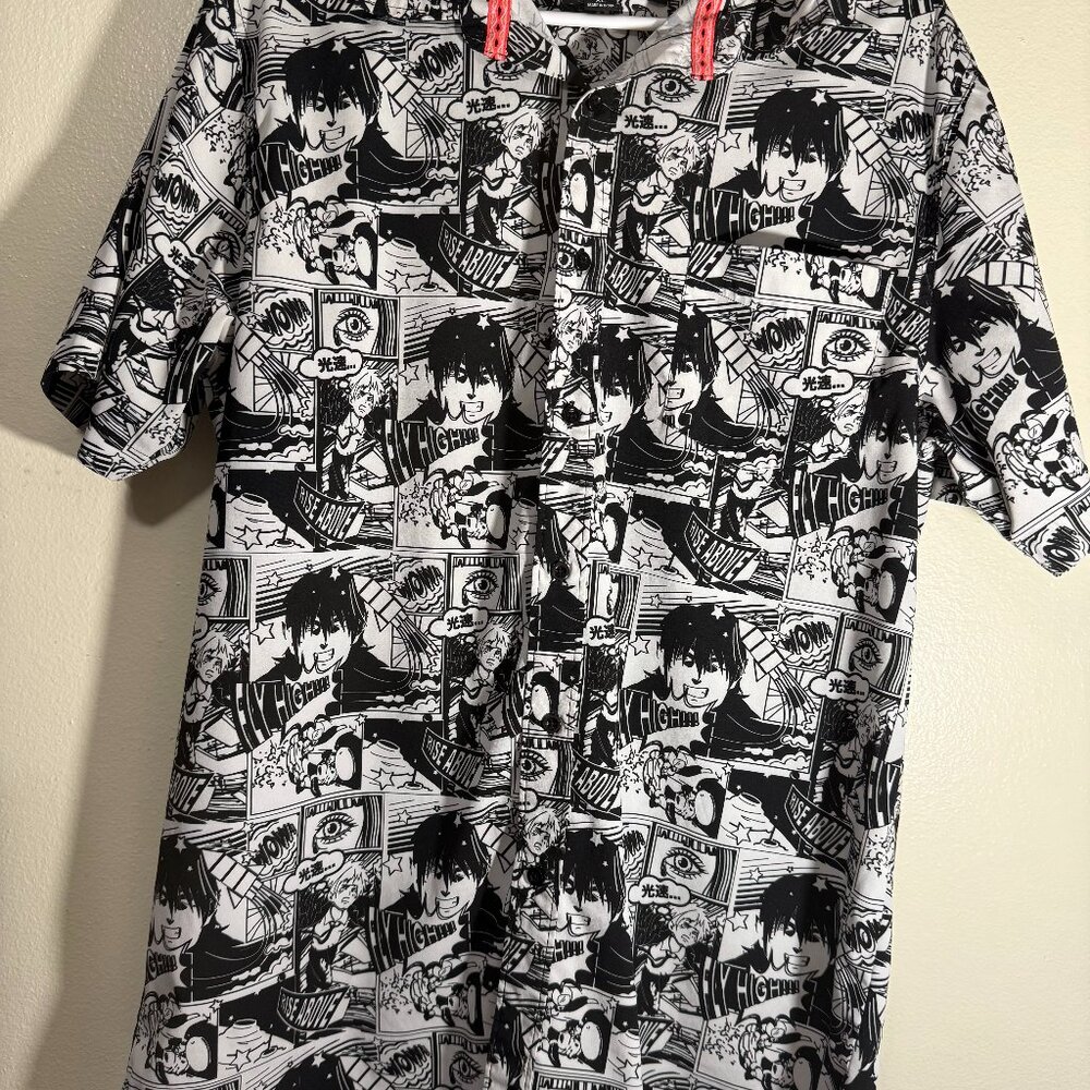 Just Attitude Anime Comic Print Button Up Shirt Mens XL BlackWhite Short Sleeve